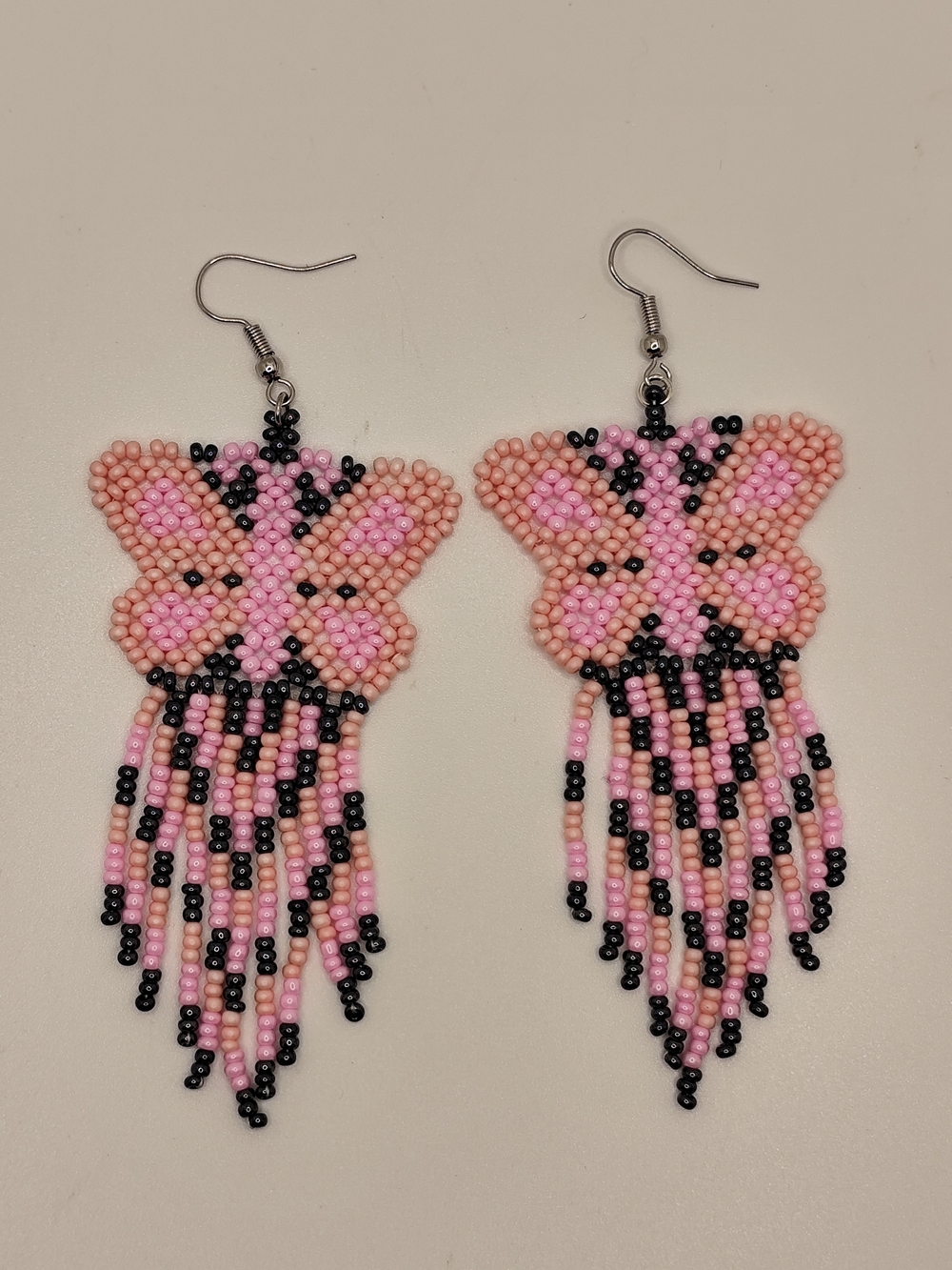Pink Beaded Butterfly Fringe Earrings - Handmade
